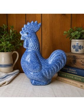 Vintage Calico China Blue Spongeware Rooster Figurine Ceramic Farmhouse Decor